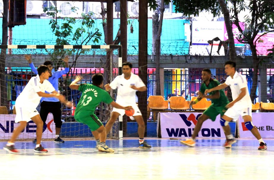 A scene from the Friendly Handball tournament between Bangladesh Ansar & VDP team and Assam Handball team at Shaheed Captain M Mansur Ali Handball Stadium on Thursday.