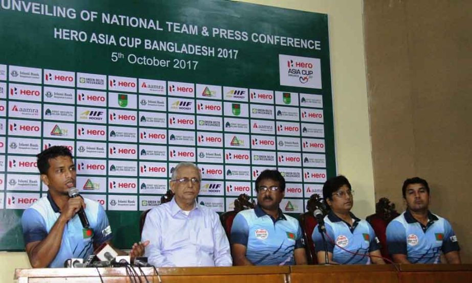 Captain of Bangladesh National Hockey team Russell Mahmud Jimmy speaking at a press conference at the Dutch-Bangla Bank Auditorium in Bangladesh Olympic Association Bhaban on Thursday.