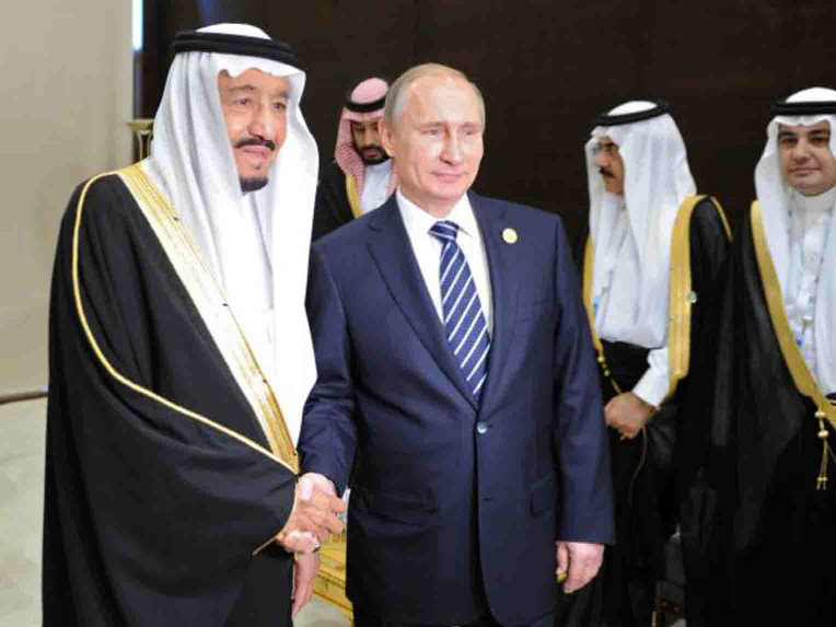King Salman of Saudi Arabia shaking hands with Russian President Vladimir Putin in Moscow on Thursday.