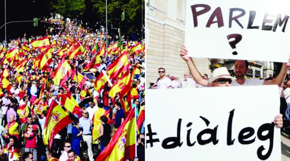 A demonstration for unity is being held in Madrid (L) while demonstrators in Barcelona want political dialogue.