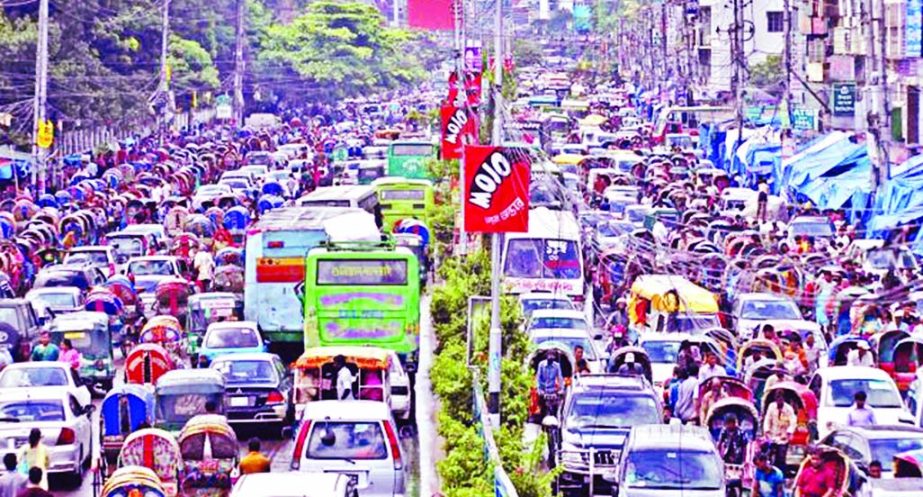 City experienced heavy traffic tailback as Prime Minister Sheikh Hasina accorded a warm reception on the streets on her return from abroad on Saturday. This photo was taken from Mirpur area.