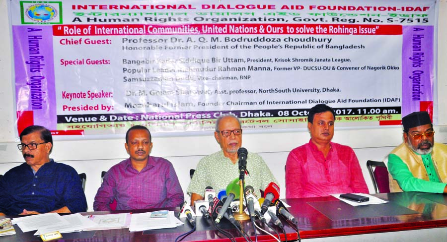 Bikalpadhara Bangladesh President Prof Dr AQM Badruddoza Chowdhury speaking at a roundtable on 'Role of International Communities, United Nations and Our's to Solve Rohingya Issue' organised by International Dialogue Aid Foundation at the Jatiya Press