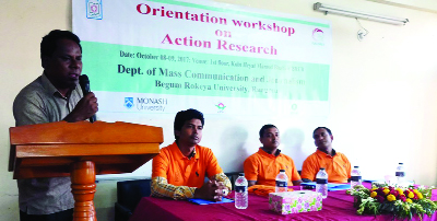 RANGPUR: Dr Parimal Chandra Barman, Professor of Bangla Department, Begum Rokeya University speaking at an orientation workshop on 'participatory action research' as Chief Guest on Sunday.