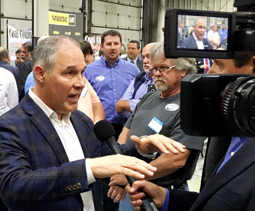 EPA Administrator Scott Pruitt, talks to a reporter after speaking at Whayne Supply in Hazard, Ky on Monday.