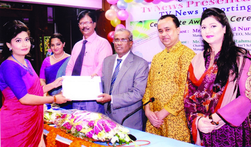 The certificate awarding ceremony of two-day long training course on 'TV Journalism and TV News Presentation conducted by Bangladesh Institute of Journalism and Electronic Media (BIJEM) was held at the Institute on Tuesday . Mohammed Nurul Amin, MD , Me