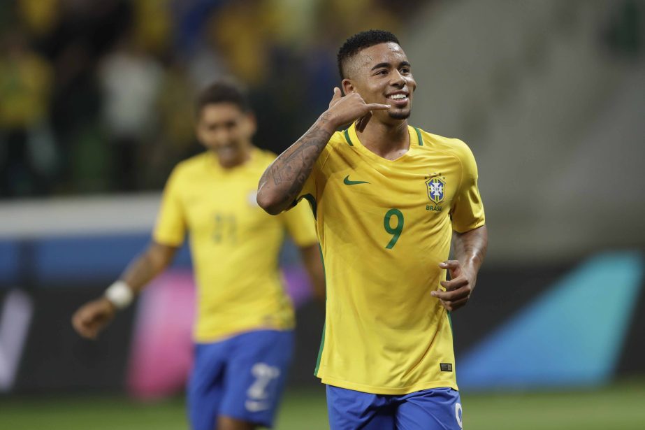 Brazil's Gabriel Jesus celebrates after scoring against Chile during a World Cup qualifying soccer match in Sao Paulo, Brazil on Tuesday.