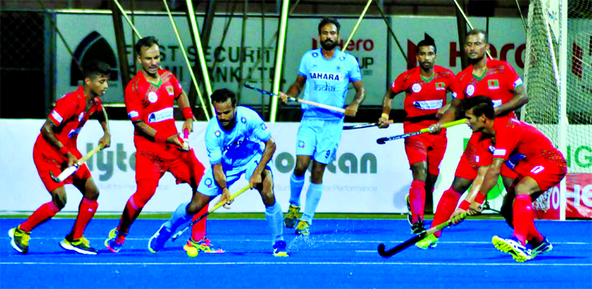 A moment of the Pool-A match of the Hero Asia Cup Hockey between India and Bangladesh at the Moulana Bhashani National Hockey Stadium on Friday.