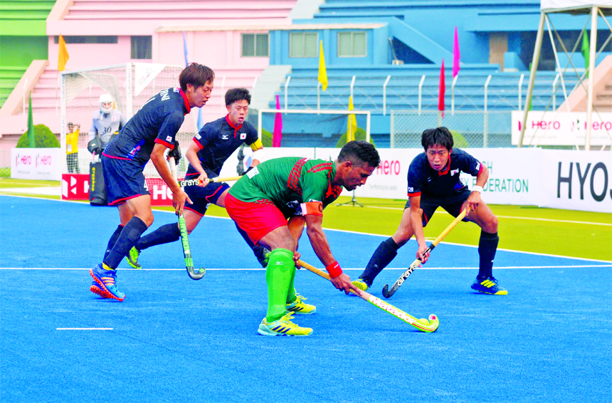 An exciting moment of the Pool-A match of the Hero Asia Cup Hockey between Bangladesh and Japan at the Moulana Bhashani National Hockey Stadium on Sunday.