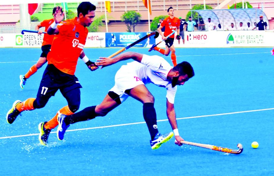 A moment of the Hero Asia Cup Hockey between Malaysia and Oman at the Moulana Bhashani National Hockey Stadium on Monday.