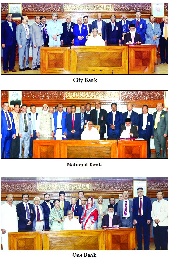 Prime Minister Sheikh Hasina, attends at a photo session after receiving Tk 5 crore as donation from the following banks for the financial assistance to the oppressed Rohingya refugees at her office on Monday.