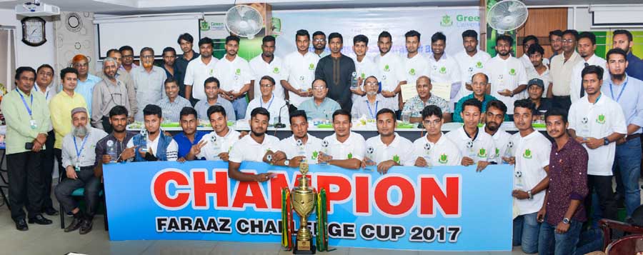The teachers of Green University and the members of Sonali Otit Club and the Green University Football team, which emerged as the champions of Walton Inter- University Football Tournament (Faraaz Challenge Club) pose for a photo session at the Auditorium