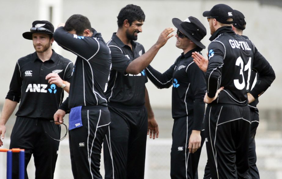 New Zealand players celebrate the wicket of India A player KL Rahul during a warm up match in Mumbai, India on Tuesday.