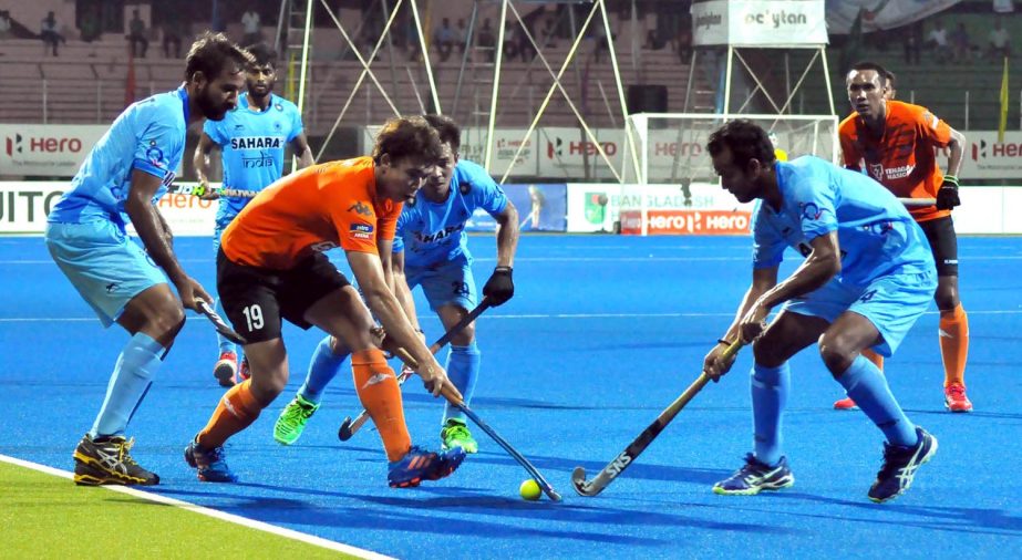 A view of the 'Super Four' match of the Hero Asia Cup Hockey between India and Malaysia at the Moulana Bhashani National Hockey Stadium on Thursday.