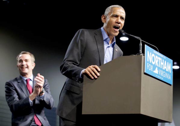 Former President Barack Obama with Democratic gubernatorial candidate Ralph Northam during a rally in Richmond, Va., on Thursday