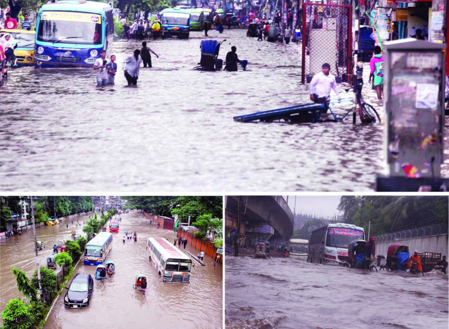 Uninterrupted rains for the last three days since Thursday, cripples life to a standstill in city and across the country caused by depression in Bay. This photo was taken from Mirpur's Kazipara(top); Motijheel's Notre Dame College area (bottomleft) and