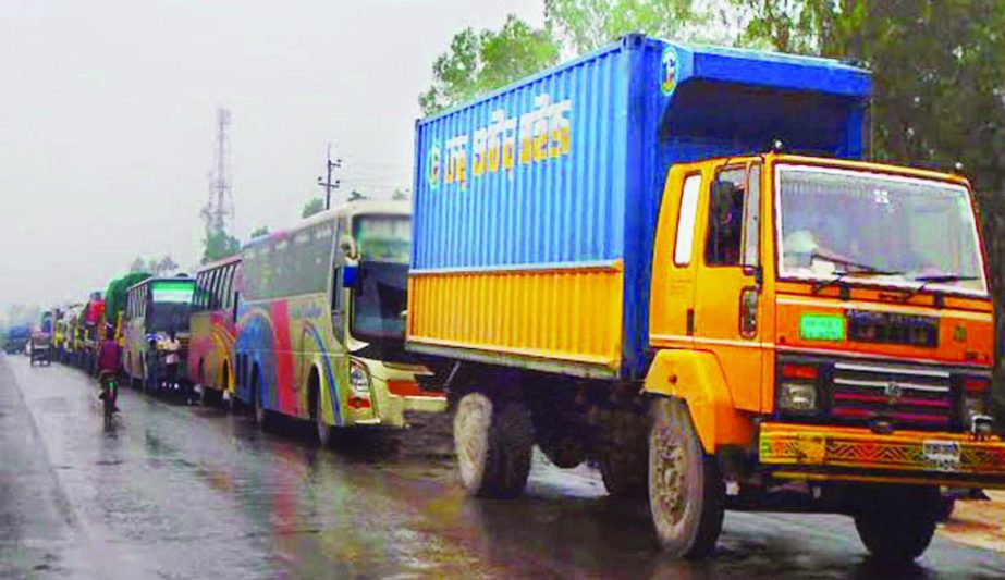 50km traffic congestion developed on Dhaka-Tangail Highway due to uninterrupted rains, causing untold sufferings to commuters and hindering movement of vehicles on Saturday.