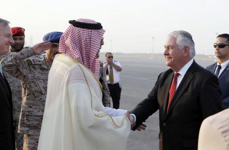 US Secretary of State Rex Tillerson is greeted as he arrives at King Salman Air Base in Riyadh on Saturday.