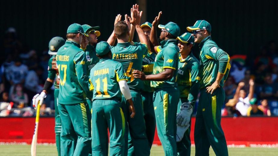 South African team players celebrate after a wicket during the 3rd ODI match against Bangladesh at the Buffalo Park in East London on Sunday.