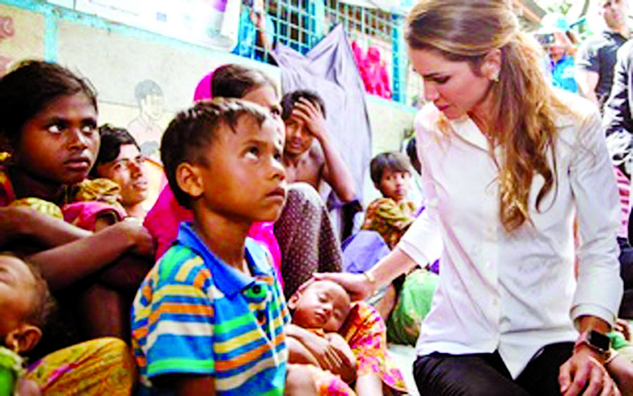 Jordanian Queen Rania Al Abdullah visiting Kutupalong Rohingya Refugee Camp at Ukhia in Cox's Bazar on Monday.