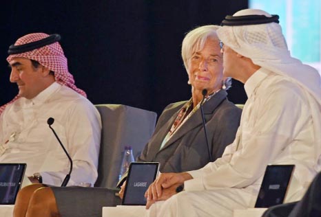 IMF Chief Christine Lagarde (centre) and Aramco president and CEO Amin Nasser Â® at the conference in Riyadh on Tuesday.