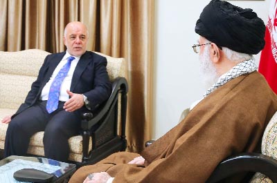 Iraqi Prime Minister Haider al-Abadi (L) meets Iran's supreme leader, Ayatollah Ali Khamenei, in Tehran on Thursday, days after fiercely defending Iran's role in his country's affairs against US criticism