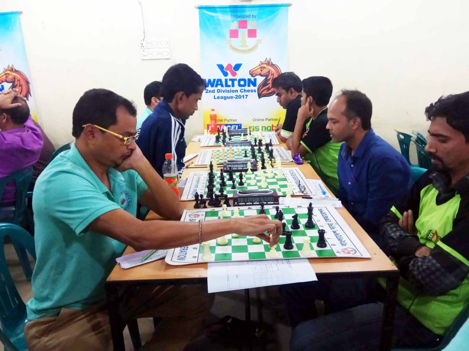 A scene from the fifth round matches of the Walton Second Division Chess League held at Bangladesh Chess Federation hall-room on Thursday.