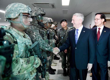 U.S. Defense Secretary Jim Mattis and South Korean Defense Minister Song Young-moo visit the truce village of Panmunjom, South Korea on Friday.