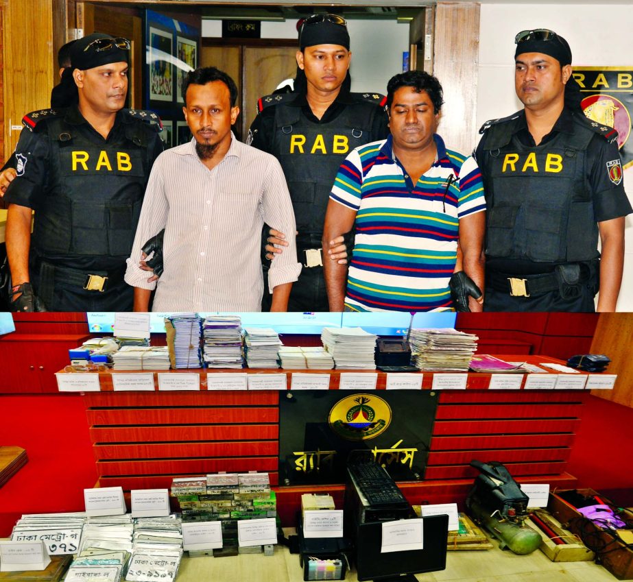 A team of RAB-10 arrested two persons conducting a drive in the city's Konapara area under Demra police station on Friday and recovered huge quantities of fake certificates, forged driving licenses, fake digital number plates and some machinery used for