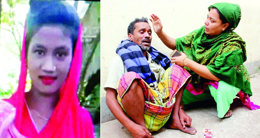 Father wailing after hearing death news of his 14-year old daughter allegedly set on fire by her aunt for stealing a mobile set in Shibpur upazila on Friday.