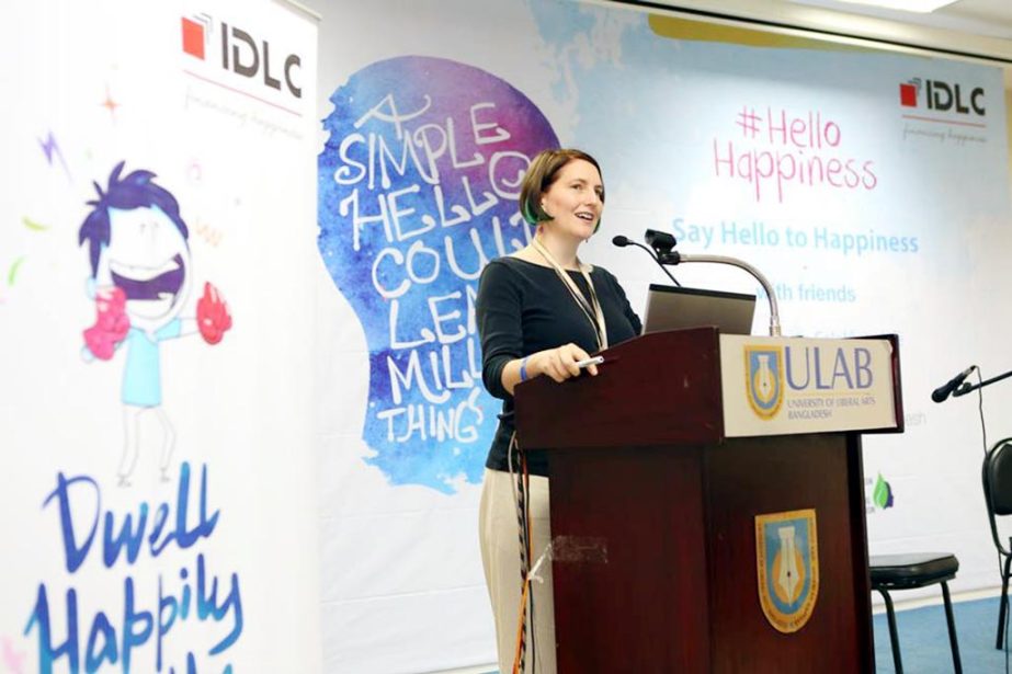 Juditha Ohlmacher, Member of Board of Trustees of University of Liberal Arts Bangladesh speaks at 'Hello Happiness Campaign' organized to celebrate the World Mental Health Day 2017 on the University campus recently.