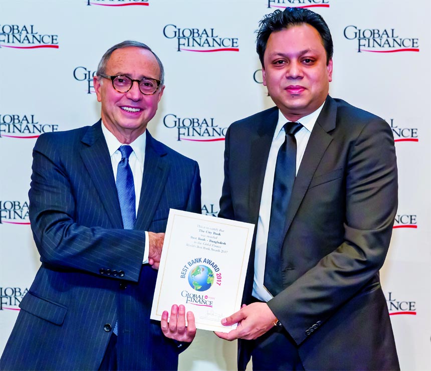Rubel Aziz, Director and Chairman of EC of City Bank Limited, receiving the 'Best Bank Award in Bangladesh' from Joseph Giarraputo, founder and publisher of Global Finance (a North America-based leading global financial publications) at the '19th Annua