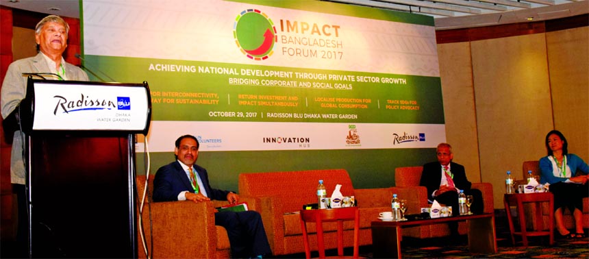 State Minister for Finance and Planning M A Mannan, MP addressing at Impact-Bangladesh Forum-2017 jointly organized by Dhaka Chamber of Commerce and Industry (DCCI) and United Nation Development Programme (UNDP) at a hotel in the city on Sunday. FBCCI Pre
