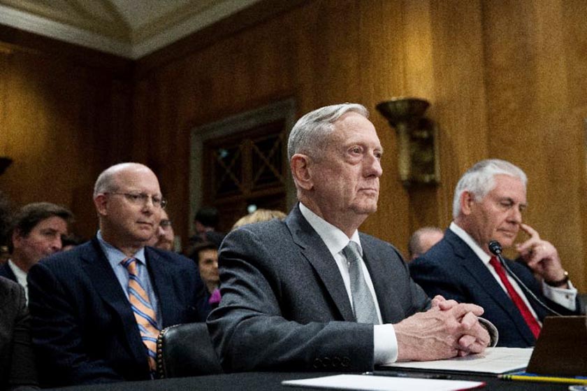 Secretary of Defense Jim Mattis (L) and Secretary of State Rex Tillerson (R) testify to lawmakers on US warfighting authorities