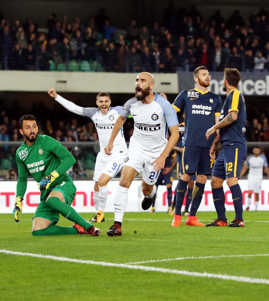 Inter Milan's Borja Valero celebrates after scoring during the Serie A soccer match between Verona and Inter Milan at the Bentegodi stadium in Verona, Italy on Monday.