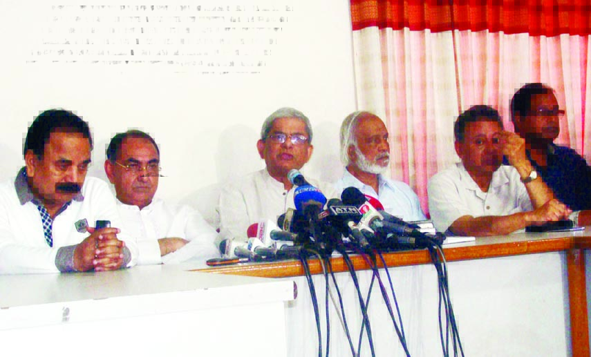 BNP Secretary General Mirza Fakhrul Islam Alamgir addressing at a press conference at Noyapaltan party office yesterday with a call to hold rally across the country protesting attack on Khaleda Zia's motorcade in Feni.