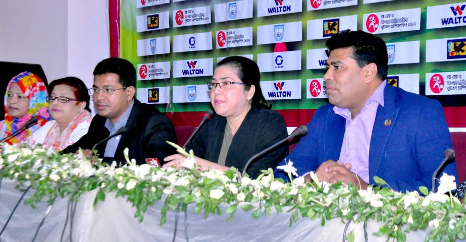 Chairperson of the Women's Committee of Bangladesh Football Federation (BFF) Mahfuza Akter Kiron speaking at a press conference at the conference room of BFF House on Wednesday.