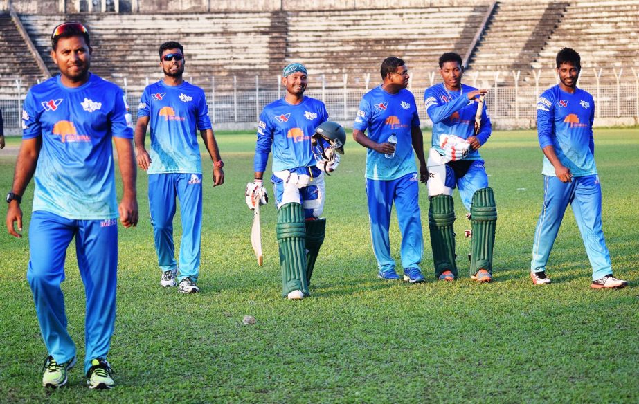 Players of Sylhet Sixers during their practice match at Sylhet Cricket Stadium in Sylhet on Wednesday.