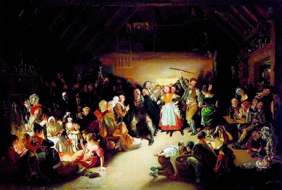 Snap-Apple Night, painted by Daniel Maclise in 1833, shows people feasting and playing divination games on Halloween in Ireland. (Source Wikimedia commons)