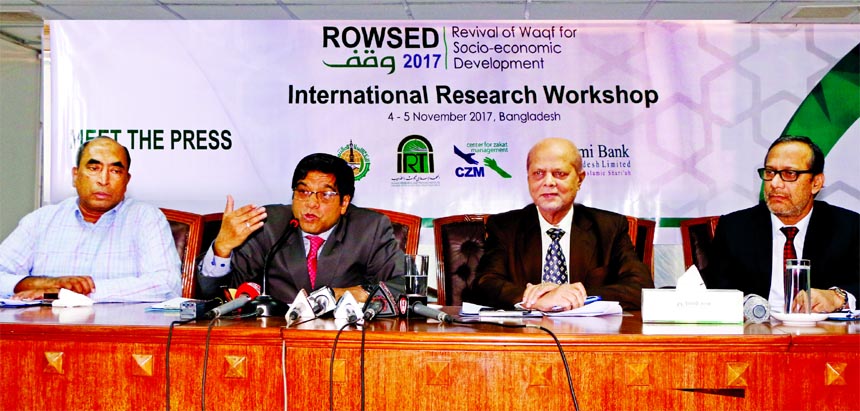 Arastoo Khan, Chairman, Islami Bank Bangladesh Limited (IBBL) addressing at a press conference at the bank's head office in the city on Thursday on the occasion of international Workshop on `Revival of Waqf for Socio Economic Development' Niaz Rahim, Ch