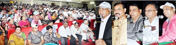 Minister for Housing and Public Works Engr. Mosharaf Hossain addressing a discussion meeting on National Cooperative Day at Muslim Institute Hall in city as chief guest on Saturday . CCC Mayor AJM Nasir Uddin graced the occasion as special guest. Among o