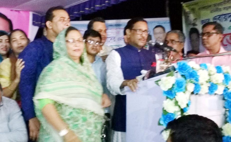 Road Transport and Bridges Minister Obaidul Quader addressing a media during receiving relief materials for Rohingyas at a hotel in Cox's Bazar yesterday.