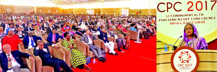 Prime Minister Sheikh Hasina delivering inaugural speech of 63rd Commonwealth Parliamentary Conference (CPC) at South Plaza of the Jatiya Sangsad Bhaban in the capital on Sunday.