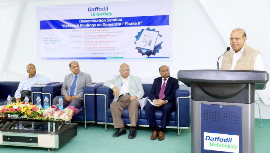 Prof Dr AK Azad, Chairman, Diabetic Association of Bangladesh addressing a Seminar on 'Research Findings on Dementia-phase II' organized by the Department of Public Health of Daffodil International University on Saturday.