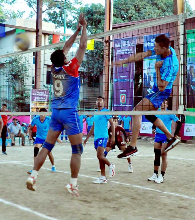 An action from the match of the Premier Division Volleyball League between Bangladesh Water Development Board and Titas Club at Dhaka Volleyball Stadium on Tuesday.