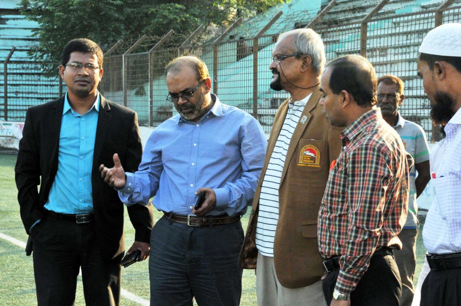 Joint-Secretary of Ministry of Youth and Sports Omar Faruq (2nd from left) visiting the Bir Shreshtha Shaheed Sepoy Mohammad Mostafa Kamal Stadium in the city's Kamalapur on Tuesday. He arrived at the Stadium marking the upcoming SAFF Under-15 Women's C
