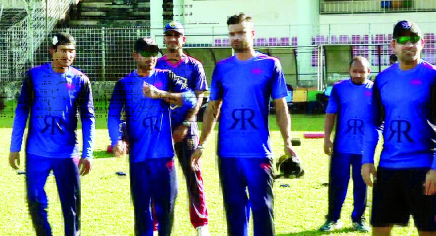 Mashrafe Bin Mortaza and his teammates of Rangpur Riders taking part at the practice session at Sylhet on Tuesday.