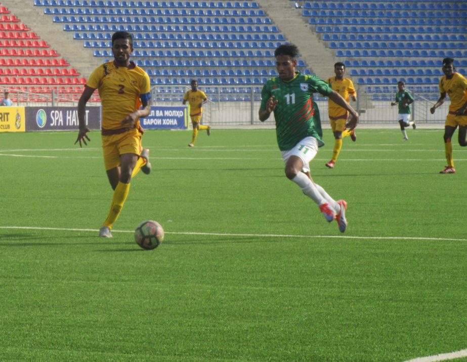 A moment of the AFC Under-19 Championship Qualifiers tournament between Bangladesh and Sri Lanka at the Hisor Central Stadium in Dushanbe, Tajikistan on Wednesday.