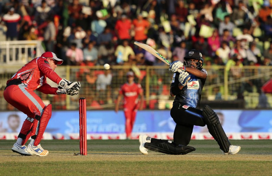 Shahriar Nafees of Chittagong Vikings hitting a shot against Rangpur Riders at Sylhet International Cricket Stadium on Wednesday.