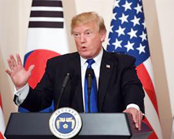 US President Donald Trump speaks at the South Korean National Assembly in Seoul Photograph