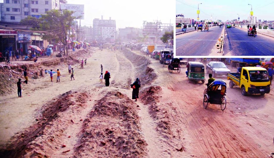 Vehicular movement has been restricted on Babu Bazar Bridge over one month for broadening the connecting road on Badamtoli Nur Islam Commander Chattar side. But strangely, the construction work is not yet finished. Residents of the nearby localities have